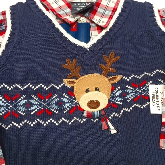NWT IZOD Baby Christmas matching sets 3pc plaid sweater vest/shirt/pants Sz 3-6m - Picture 9 of 10